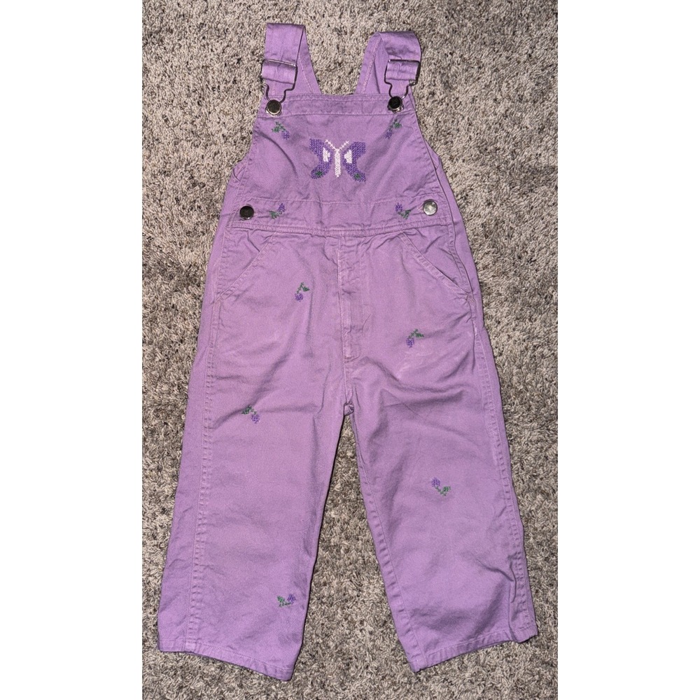Vintage Popsicle Girls Purple Embroidered Butterfly Floral Overalls Size 4